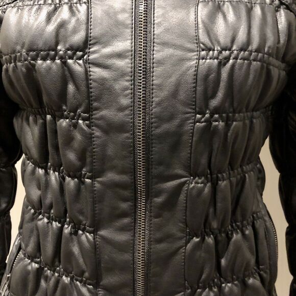 Katherine Barclay Faux Leather Coat Small Black Puffer Stretch Funnel Neck - Picture 6 of 14